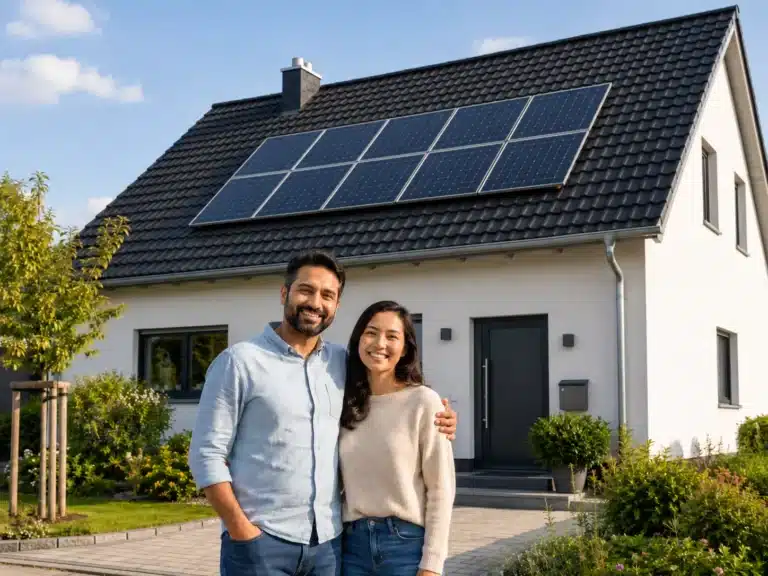 Ein lächelndes Paar steht vor einem modernen Haus mit Sonnenkollektoren auf dem Dach - ein automatisch gespeicherter Entwurf für nachhaltiges Leben -, umgeben von einem gepflegten Garten unter einem klaren blauen Himmel.