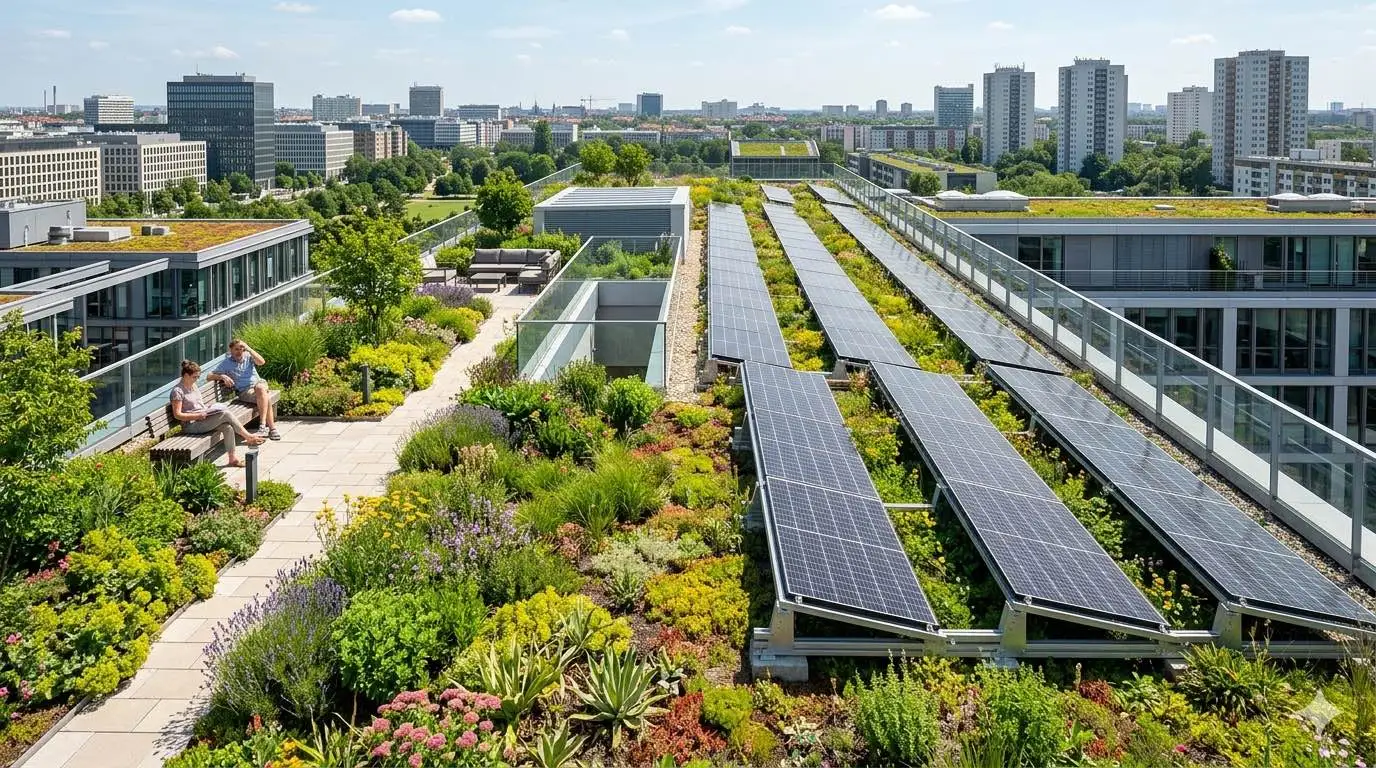Ein Dachgarten mit Dachbegrünung, Sonnenkollektoren, üppigen Pflanzen und zwei Personen auf einer Bank. Im Hintergrund erheben sich moderne Gebäude und eine Stadtlandschaft unter einem klaren blauen Himmel.