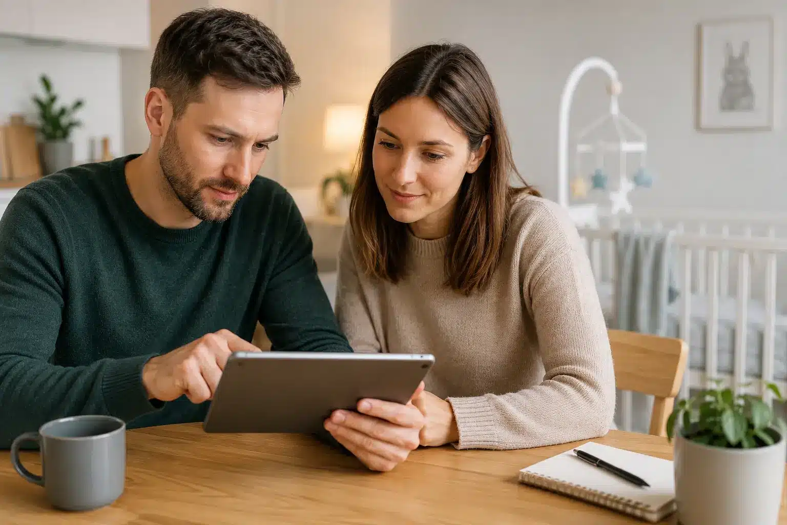 Ein Mann und eine Frau sitzen an einem Holztisch und schauen gemeinsam auf ein Tablet - vielleicht erkunden sie einen Junior Depot Vergleich. Auf dem Tisch stehen eine Tasse und ein Notizbuch mit Stift, während ein Kinderbett im Hintergrund ein gemütliches Zuhause andeutet.