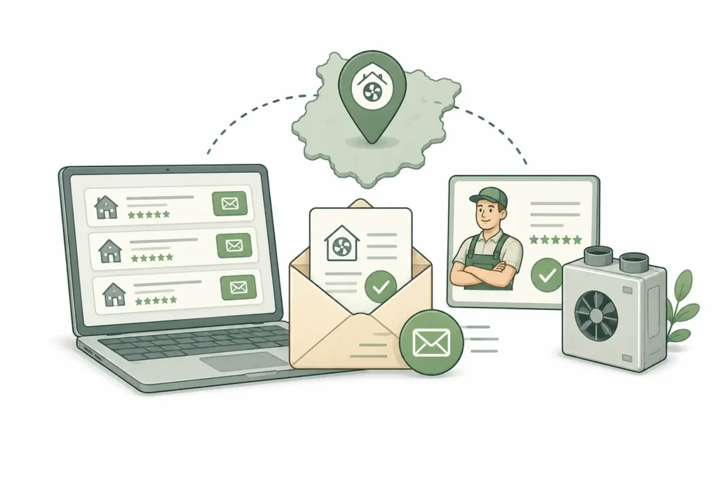 Illustration eines Laptops mit Bewertungen von Hausdienstleistungen, eines Umschlags mit einem Dokument, eines männlichen Arbeiters, einer Karte mit einer Standortnadel und eines HLK-Geräts oder Wohnraumlüfters, der die Online-Buchung von Hauswartungsdiensten darstellt.
