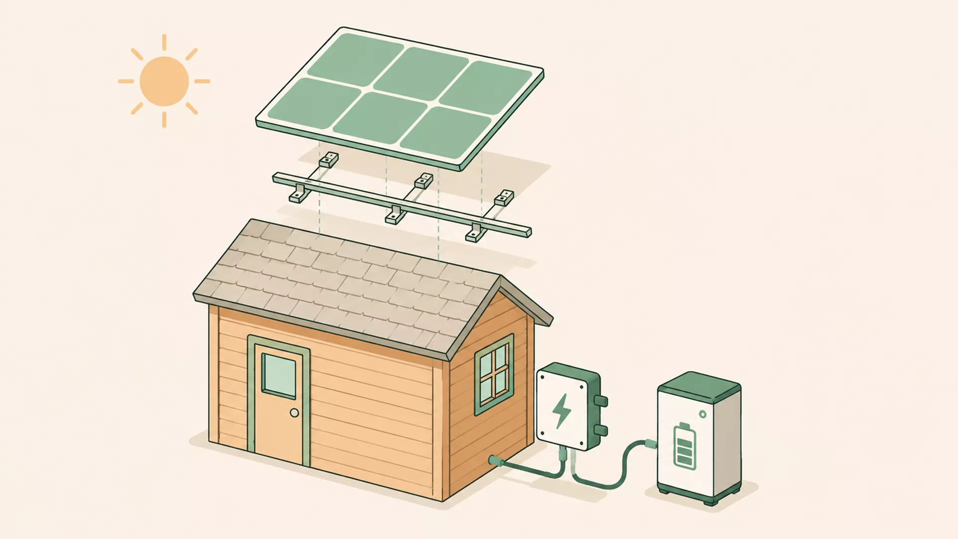 Illustration des Aufbaus einer Photovoltaikanlage: ein kleines Haus mit auf dem Dach installierten Solarzellen, Sonnenlicht und angeschlossenen elektrischen Geräten, die die Erzeugung und Speicherung von Solarenergie darstellen.
