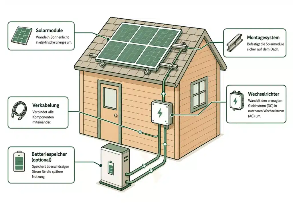 Illustration eines kleinen Hauses mit Sonnenkollektoren auf dem Dach, die den Aufbau einer Photovoltaikanlage detailliert beschreibt. Zu den beschrifteten Teilen gehören Module, Montagesystem, Wechselrichter, Verkabelung und optionale Batteriespeicher, um die Umwandlung und Nutzung von Solarenergie zu zeigen.