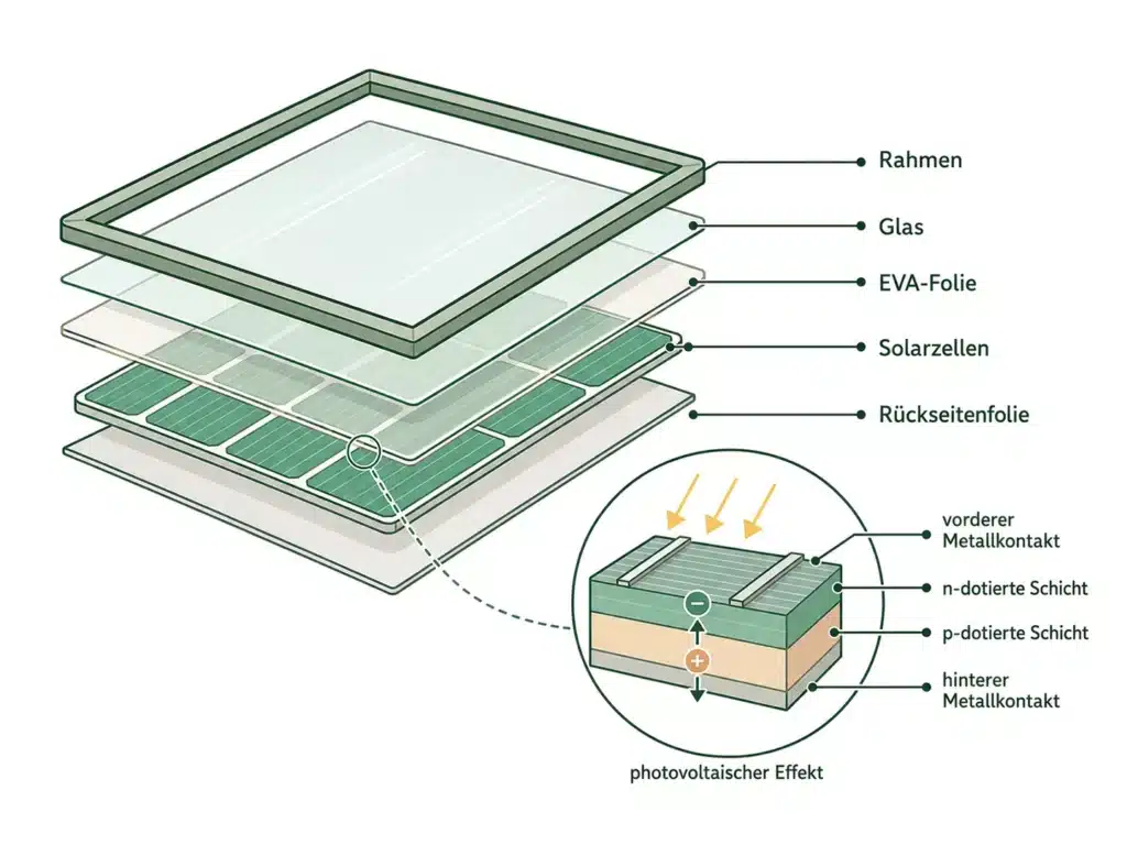 Die Explosionszeichnung eines Solarmoduls veranschaulicht den Aufbau einer Photovoltaikanlage und zeigt die beschrifteten Schichten: Rahmen, Glas, EVA-Folie, Solarzellen und Rückseitenfolie. Das beigefügte Diagramm veranschaulicht den photovoltaischen Effekt innerhalb der Schichtstruktur.