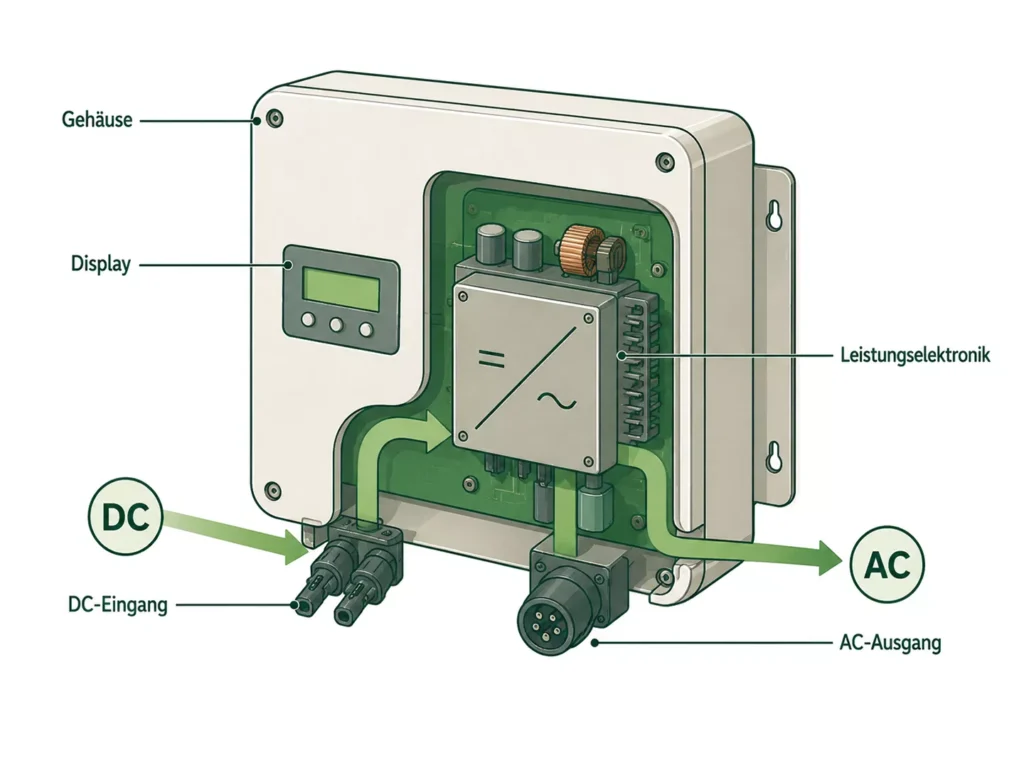 Schema einer Leistungselektronik in einem rechteckigen Gehäuse, das den Aufbau einer Photovoltaikanlage mit beschrifteten Teilen zeigt: Display, Leistungselektronik, DC-Eingang, AC-Ausgang und Gehäuse. Zeigt die Umwandlung von DC in AC.