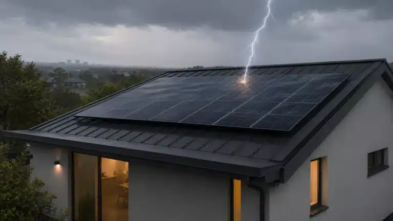 Ein Blitz schlägt während eines Gewitters in die mit Blitzschutz für PV-Anlagen bestückten Solarmodule auf einem modernen Hausdach ein, über dem sich dunkle Wolken abzeichnen und im Hintergrund eine schwache Stadtkulisse zu sehen ist.
