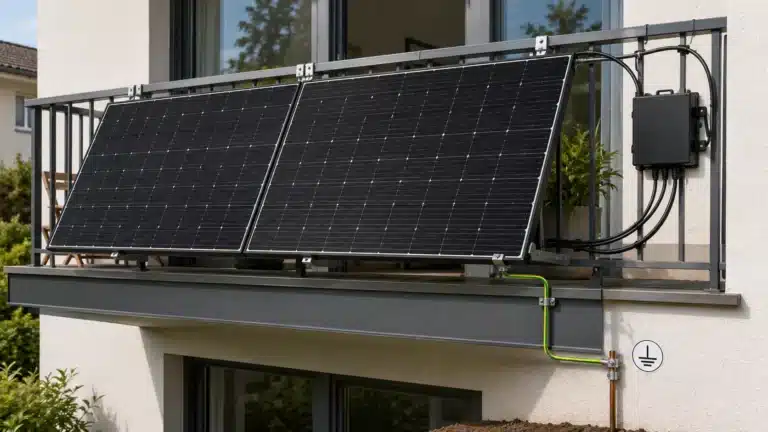 Zwei Solarmodule sind in einer sauberen Balkonkraftwerk-Installation an einem kleinen Balkongeländer angebracht und durch sichtbare Kabel mit einem Stromkasten an der Wand verbunden. Das Grün spiegelt sich in den Fenstern dahinter.