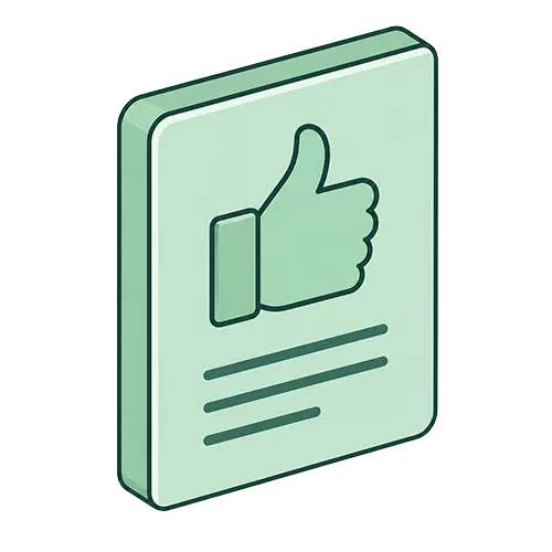 Ein grünes, rechteckiges Symbol mit einem erhobenen Daumen nach oben über drei horizontalen Linien, das für Zustimmung oder eine positive Bewertung steht - perfekt, um das beste Feedback in Ihrem Newsletter2026 hervorzuheben.