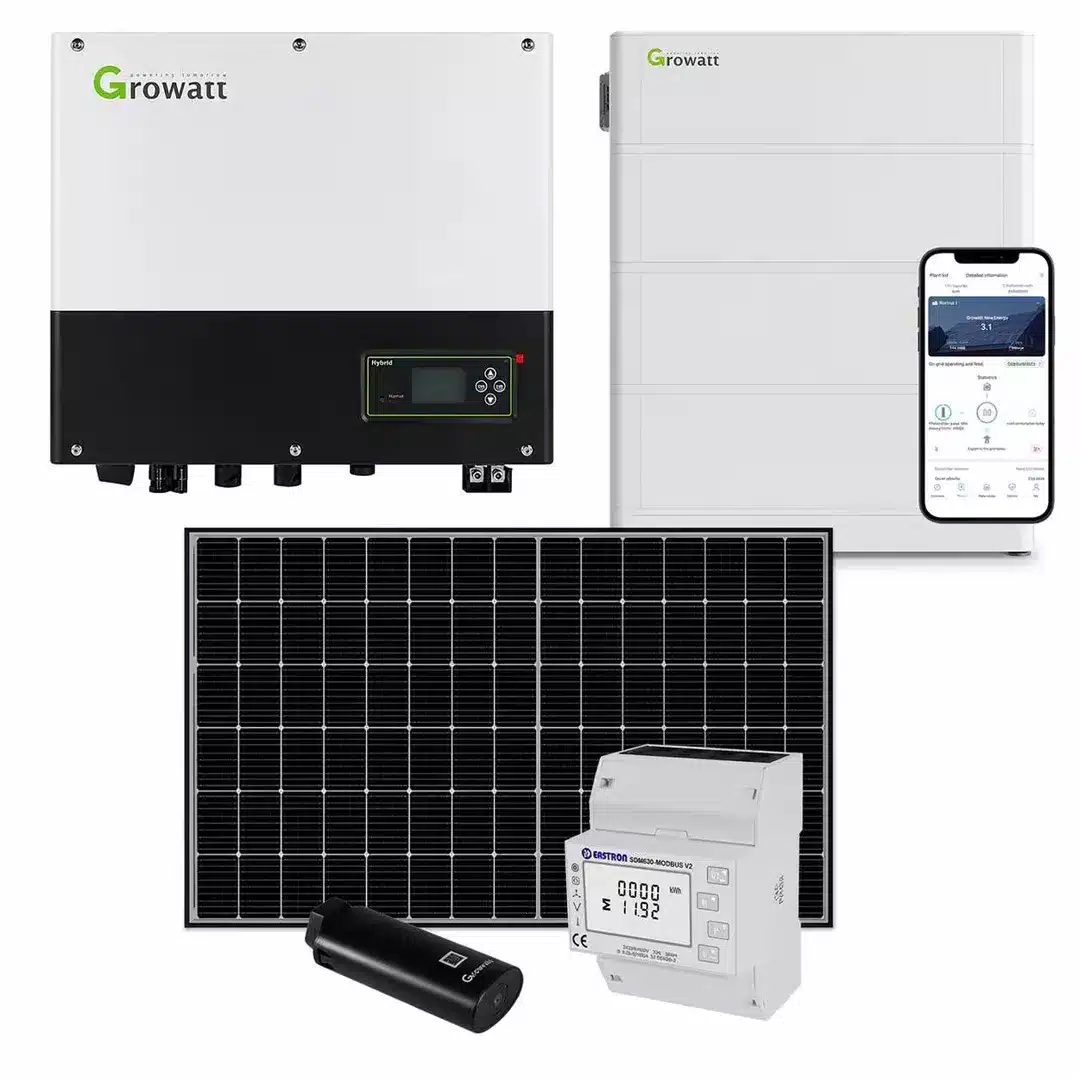 Eine Reihe von Komponenten eines Solarenergiesystems, darunter ein Growatt-Wechselrichter, eine Batterie, ein Solarmodul, ein Überwachungsgerät und ein Smartphone mit einer Überwachungs-App.