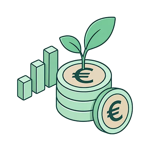 Illustration eines Stapels von Münzen mit Euro-Symbolen, wobei eine Münze aufrecht steht und eine Pflanze aus der Spitze sprießt, neben einem steigenden Balkendiagramm, das finanzielles Wachstum und Investitionen für Newsletter2026 symbolisiert.