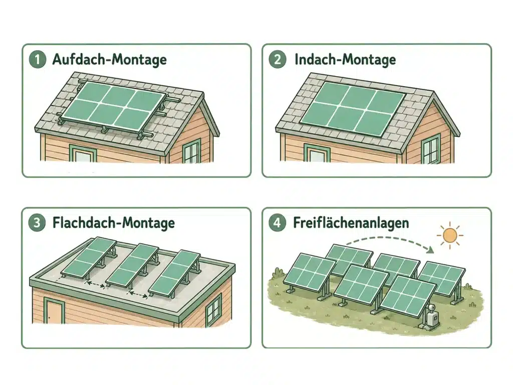 Vier Abbildungen zeigen den Aufbau einer Photovoltaikanlage: 1. Aufdachmontage, 2. Indachmontage, 3. Flachdachmontage mit Schrägaufständerung und 4. Freiflächenanlagen auf einer Freifläche in der Sonne.