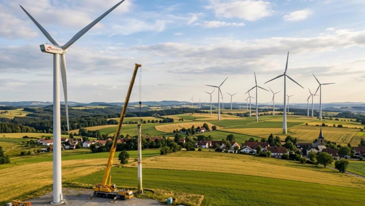 Ein Kran hilft beim Repowering von Windkraftanlagen bei der Installation einer neuen Windturbine in einer ländlichen Landschaft mit bestehenden Turbinen, grünen Feldern und einem kleinen Dorf unter einem teilweise bewölkten Himmel.