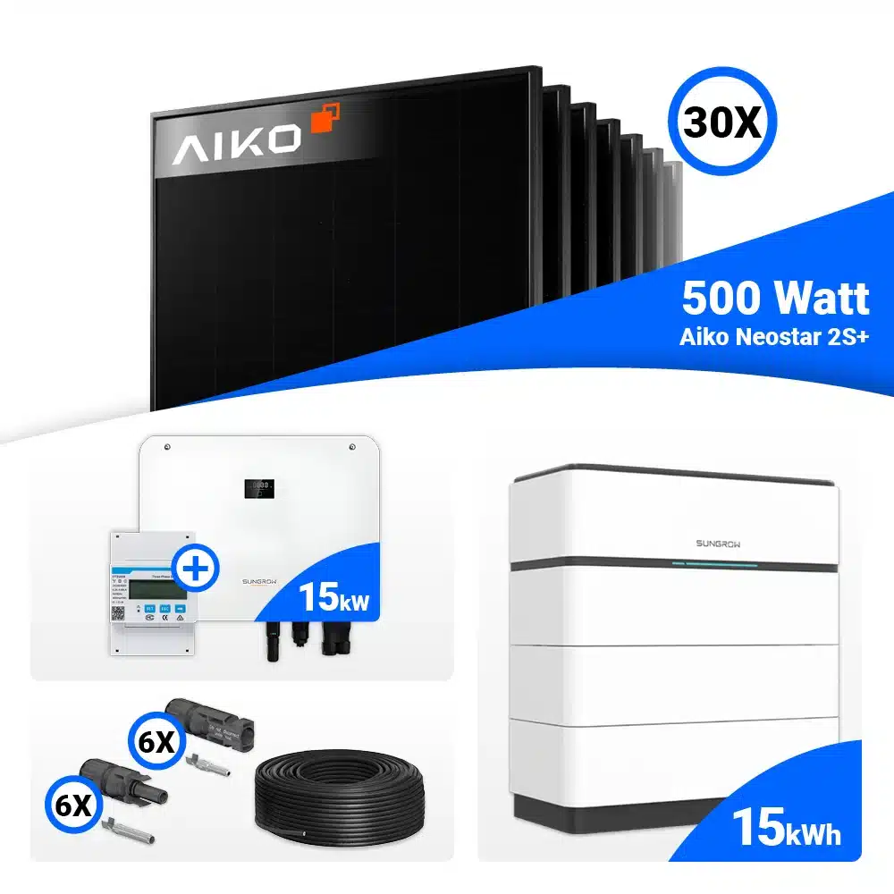 Ein Solarkit mit 30 schwarzen Aiko Neostar 2S+ 500-Watt-Paneelen, einem 15-kW-Wechselrichter, Steckern, Kabeln und einer 15-kWh-Batterie von Sungrow, alles mit Symbolen und Etiketten auf weißem Hintergrund.