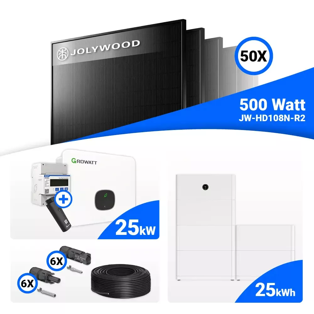 Ein Solarkit mit 50 Jolywood 500W-Solarmodulen, einem Growatt-Wechselrichter, einem Energiezähler, Kabeln, Steckern und einem 25kWh-Batteriespeichersystem.