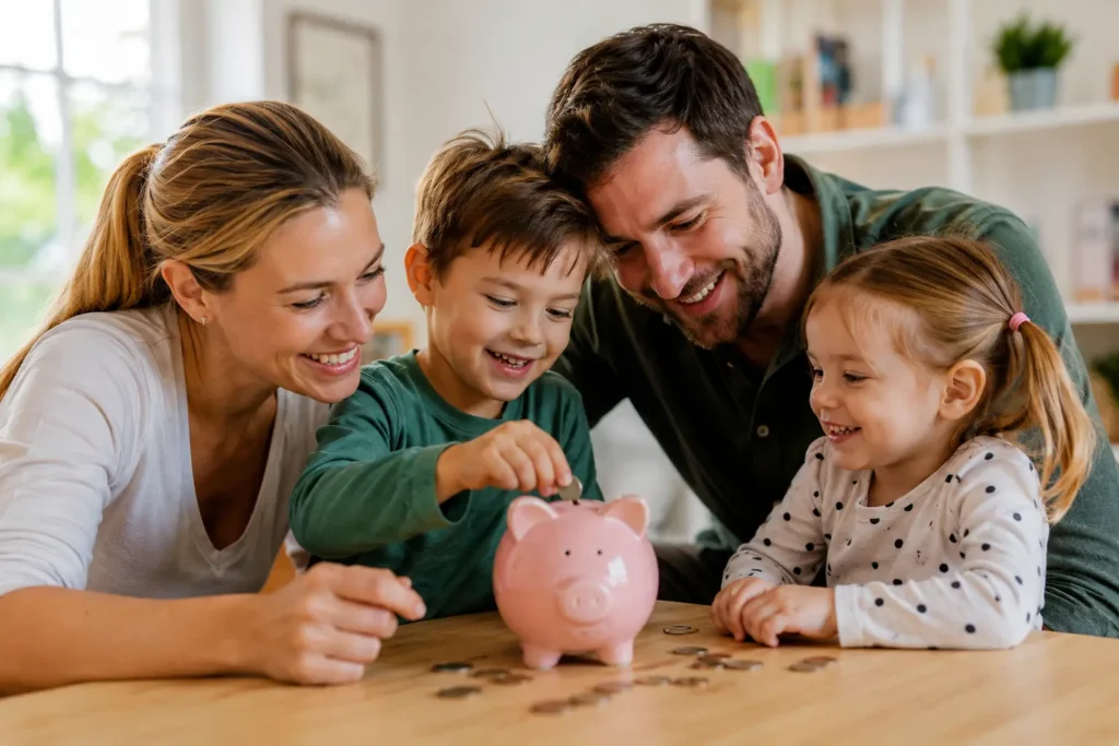 Eine lächelnde vierköpfige Familie, darunter zwei kleine Kinder, sitzt gemeinsam am Tisch und legt Münzen in ein rosa Sparschwein - eine ideale Möglichkeit, Geld für Kinder anzulegen. Die Münzen liegen verstreut auf dem Tisch in ihrem hellen, gemütlichen Zuhause.