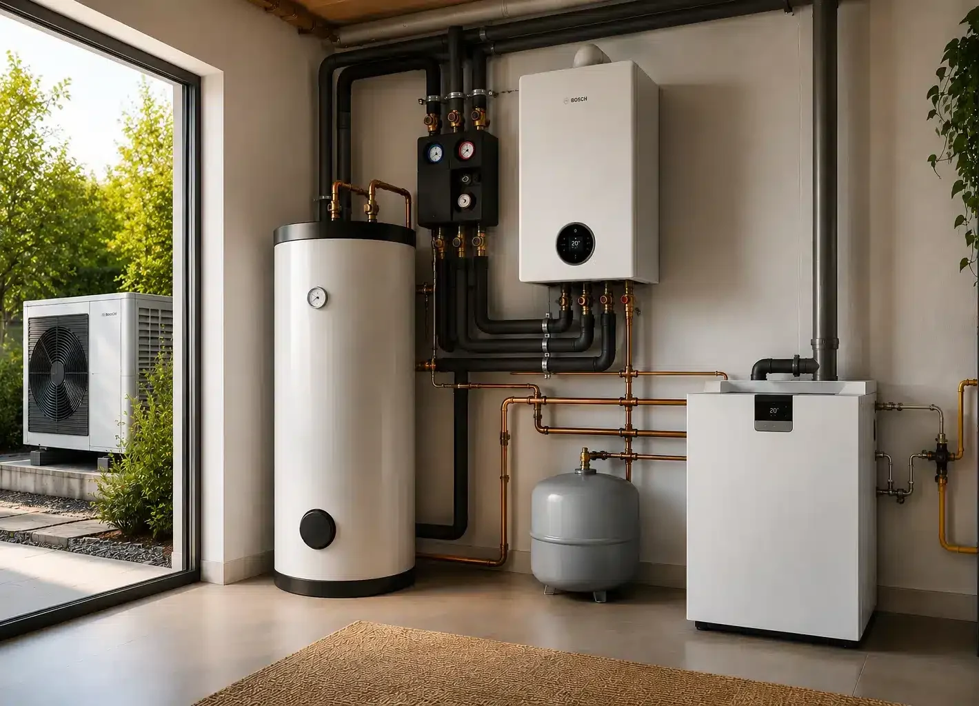 Modernes Hybrid-Wärmepumpensystem, das in einem Hauswirtschaftsraum mit verschiedenen angeschlossenen Geräten, Leitungen und einem Wassertank installiert ist. Ein großes Fenster gibt den Blick frei auf Grünflächen und eine Wärmepumpeneinheit im Freien.