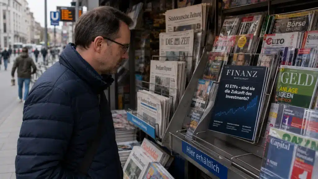 Ein Mann mit Brille und dunkler Jacke steht an einem Zeitungskiosk und blättert in Zeitschriften und Zeitungen. Die Zeitschrift im Fokus trägt eine Schlagzeile über KI-ETFs und Anlagetrends. Im Hintergrund gehen Menschen auf einer belebten Stadtstraße vorbei.