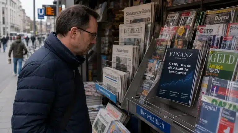 Ein Mann mit Brille und dunkler Jacke steht an einem Zeitungskiosk und blättert in Zeitschriften und Zeitungen. Die Zeitschrift im Fokus trägt eine Schlagzeile über KI-ETFs und Anlagetrends. Im Hintergrund gehen Menschen auf einer belebten Stadtstraße vorbei.