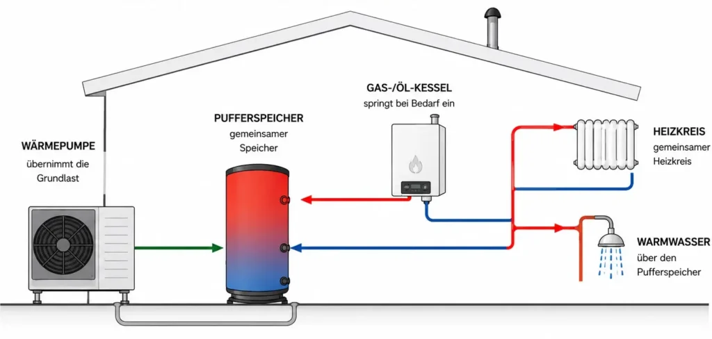 Schema eines Hybrid-Wärmepumpen-Systems: Außen liegende Wärmepumpe und innen liegender Gas-/Öl-Heizkessel sind mit einem Pufferspeicher verbunden, der die Wärme an Heizkörper und Warmwasser verteilt, wobei die Energieflüsse durch farbige Pfeile dargestellt sind.