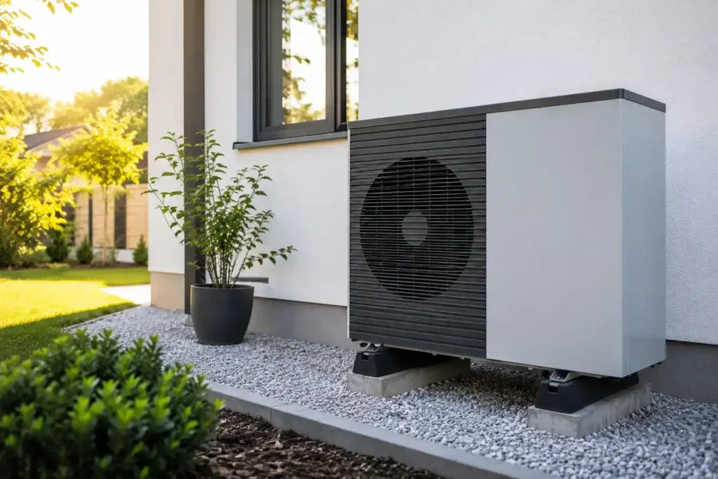 Ein modernes Wärmepumpen-Außengerät, das neben einem Haus auf Betonblöcken über einem Kiesbett aufgestellt ist, mit einer Topfpflanze und einem Garten in der Nähe – ein idealer Standort, um die Lebensdauer der Wärmepumpe zu maximieren.