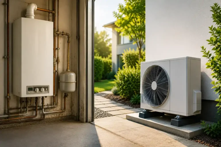 Eine moderne Wärmepumpenanlage mit einem an der Wand montierten Innengerät mit Rohrleitungen und einem Außengerät im Freien, umgeben von Grün – ein hervorragendes Beispiel, wenn es um die Kosten für die Umrüstung von einer Gasheizung auf eine Wärmepumpe im Hinblick auf energieeffizientes Heizen geht.