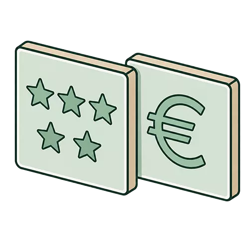 Zwei quadratische Kacheln: eine mit fünf Sternen und die andere mit einem Euro-Währungssymbol, beide in minimalistischem, grünem Design auf hellem Hintergrund - ideal, um Solaranlagen oder Verteiler hervorzuheben.