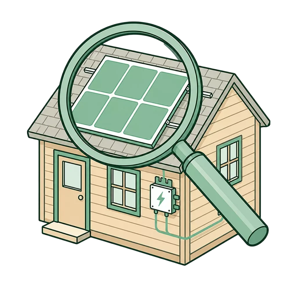 Abbildung eines Hauses mit Solarmodulen auf dem Dach, betrachtet durch eine große Lupe, um die Solaranlage hervorzuheben. An der Wand ist ein Schaltkasten mit einem Blitzsymbol angebracht, der die wichtigsten Schritte bei der Installation von Solarmodulen veranschaulicht.