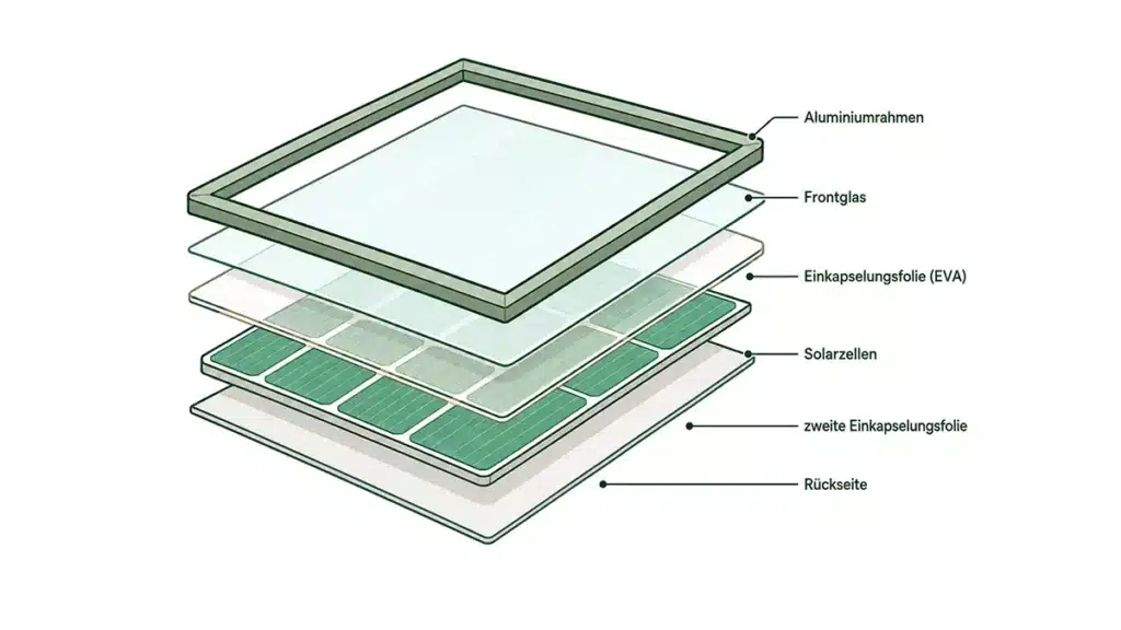 Explosionszeichnung eines Solarmoduls mit beschrifteten Schichten: Aluminiumrahmen, Frontglas, Verkapselungsfolie (EVA), Solarzellen, zweite Verkapselungsfolie und Rückseitenfolie - ideal zum Verständnis der Funktionsweise und wie Strom aus Sonne entsteht.