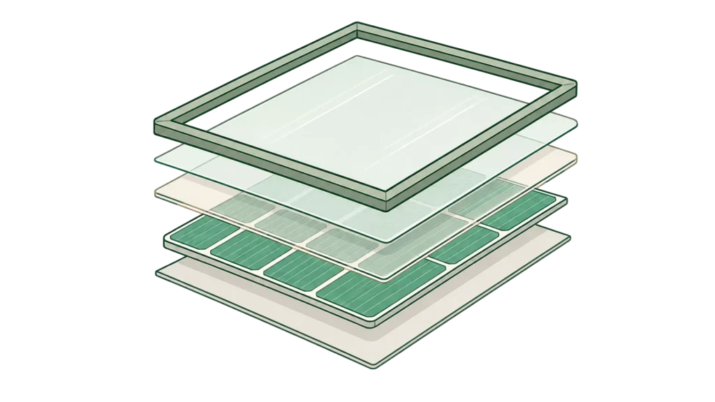 Eine Abbildung zeigt die Explosionszeichnung eines Solarmoduls, wobei die einzelnen Schichten - Glas, Verkapselungsmaterial, Solarzellen und Trägerfolie - in Grüntönen dargestellt sind, um die Funktionsweise und wie Strom aus Sonne erzeugt wird, zu verdeutlichen.