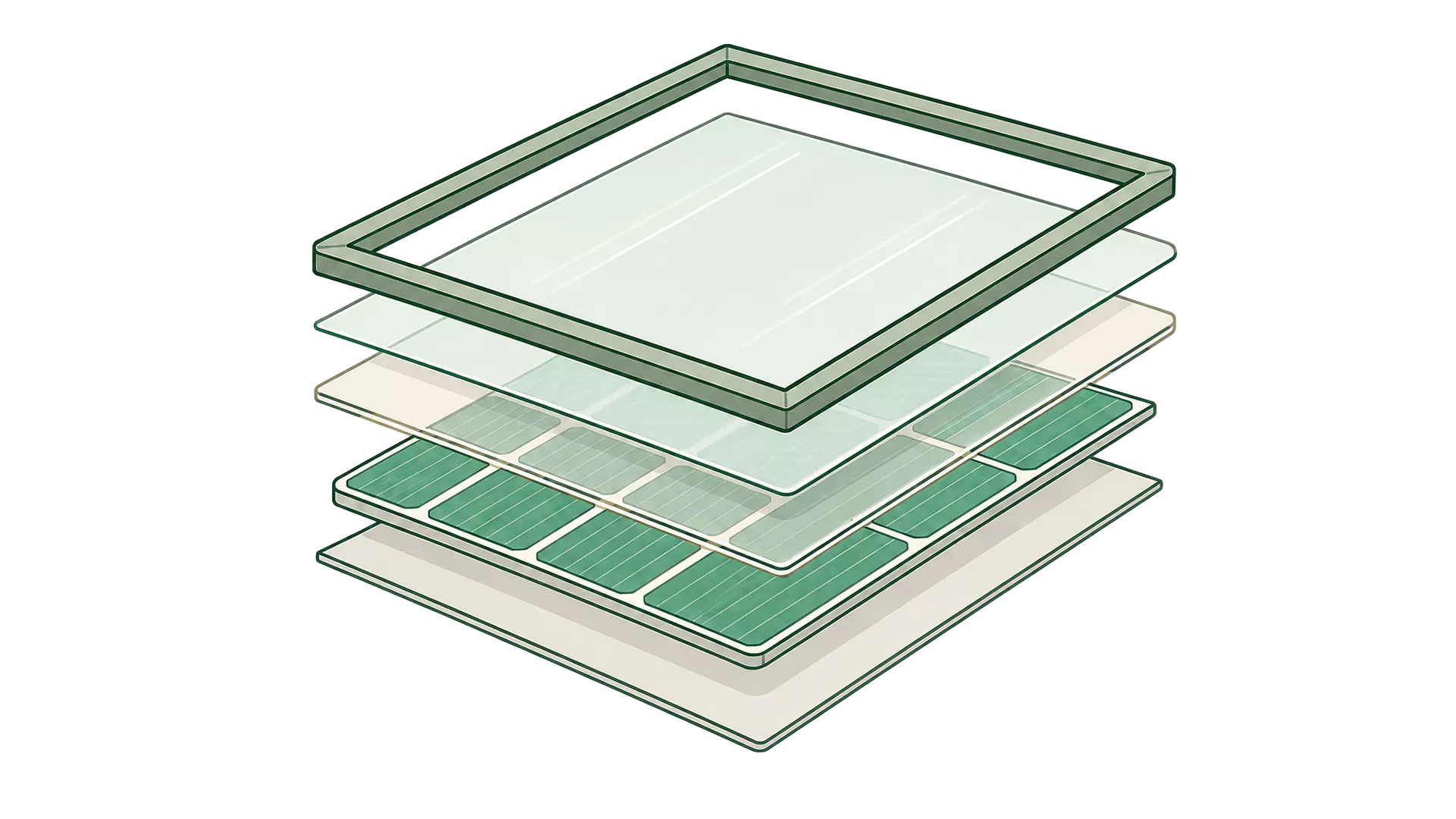 Eine Abbildung zeigt die Explosionszeichnung eines Solarmoduls, wobei die einzelnen Schichten - Glas, Verkapselungsmaterial, Solarzellen und Trägerfolie - in Grüntönen dargestellt sind, um die Funktionsweise und wie Strom aus Sonne erzeugt wird, zu verdeutlichen.