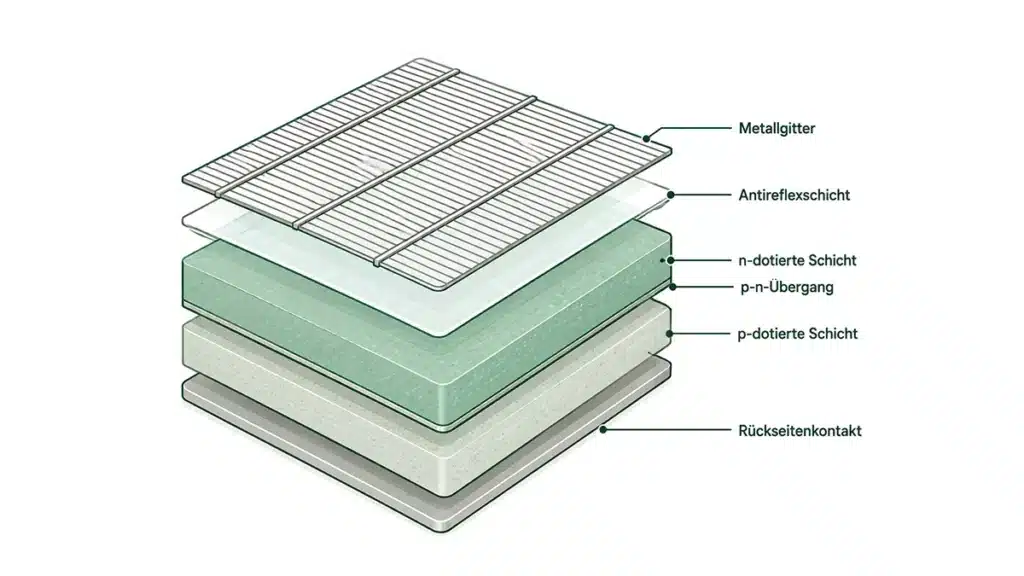 Eine Explosionszeichnung eines Solarmoduls mit beschrifteten Schichten - Metallgitter, Antireflexionsschicht, n-dotierte Schicht, p-n-Übergang, p-dotierte Schicht und Rückkontakt - erklärt die Funktionsweise und wie Strom aus Sonne erzeugt wird. Die Beschriftungen sind auf Deutsch.