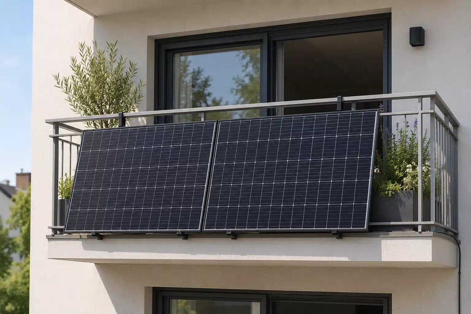 Zwei Balkonkraftwerke sind am Geländer eines kleinen Wohnungsbalkons angebracht und werden von Topfpflanzen flankiert. Große Glastüren und Fenster spiegeln die Außenwelt wider und lassen auf ein modernes Wohngebäude sowie die zulässige Anzahl von Modulen pro Dach schließen.