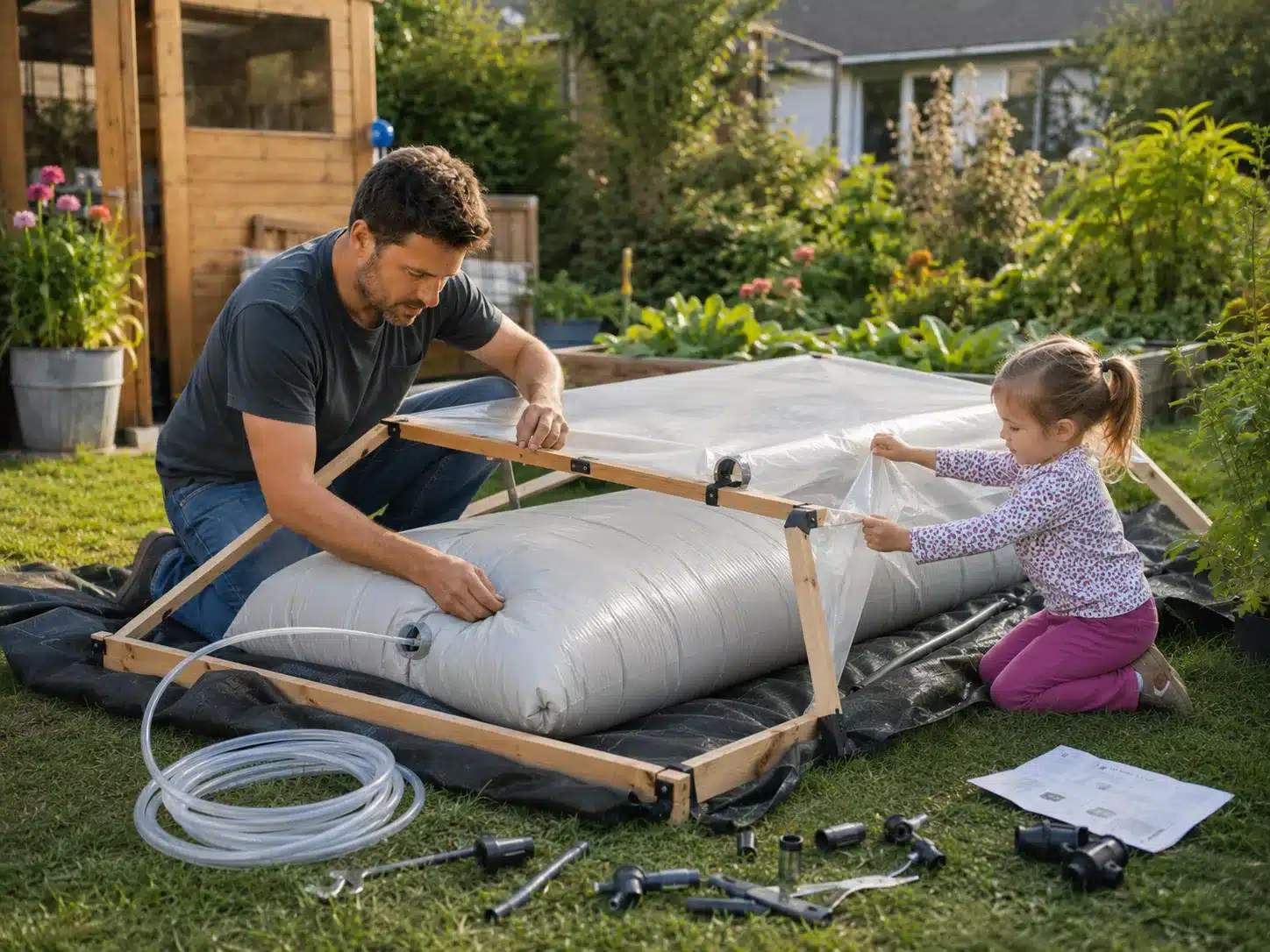 Ein Mann und ein junges Mädchen bauen im Freien ein Gartenbewässerungssystem zusammen, als ob sie eine Biogasanlage selbst bauen würden. Sie spannen Plastik über einen großen, mit Wasser gefüllten Sack, inmitten von Werkzeugen, Schläuchen und Anleitungen im Gras.