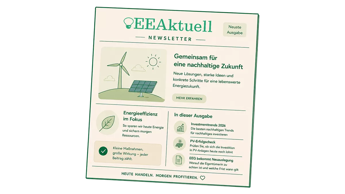 Ein deutscher Newsletter mit dem Titel EEAktuell, Teil von Newsletter2026, zeigt ein Windrad, ein Solarpanel und eine Sonnenillustration. In den Schlagzeilen geht es um Energieeffizienz, nachhaltige Lösungen und Themen wie Investitionstrends und erneuerbare Energien.