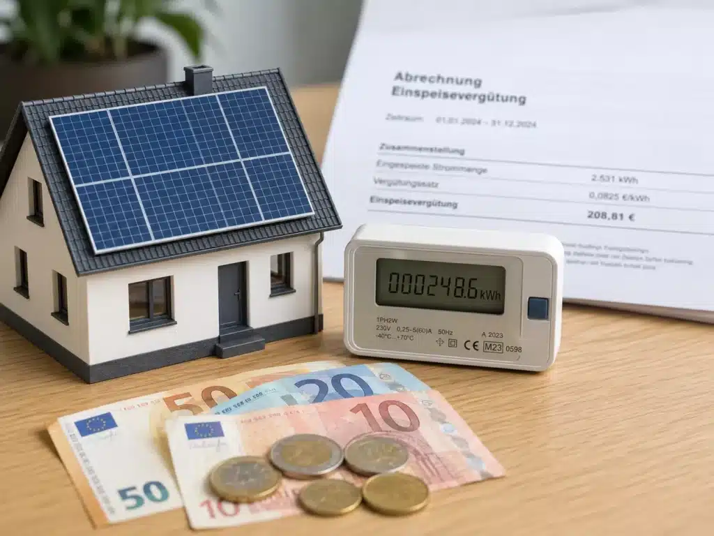 Auf einem Holztisch stehen ein Modellhaus mit Sonnenkollektoren, ein digitaler Stromzähler, der die Kilowattstunden anzeigt, Euro-Banknoten und -Münzen sowie eine Erklärung zur Photovoltaik-Einspeisevergütung.