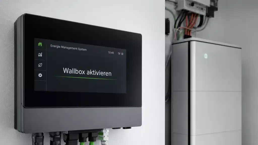 Auf dem Bildschirm eines an der Wand montierten digitalen Energiemanagementsystems erscheint die Meldung „Wallbox aktivieren“. Im Hintergrund sind Kabel und ein elektronisches Gerät zu sehen – wahrscheinlich Teil einer Photovoltaikanlage –, die nachhaltige Energie sinnvoll nutzbar machen.