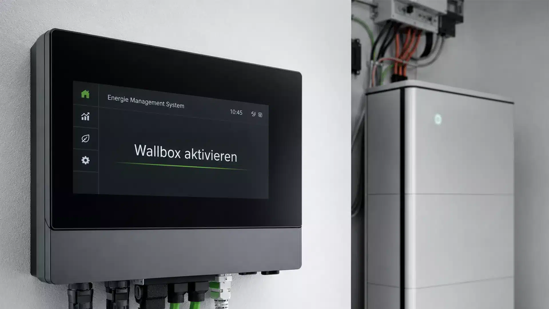 Auf dem Bildschirm eines an der Wand montierten digitalen Energiemanagementsystems erscheint die Meldung „Wallbox aktivieren“. Im Hintergrund sind Kabel und ein elektronisches Gerät zu sehen – wahrscheinlich Teil einer Photovoltaikanlage –, die nachhaltige Energie sinnvoll nutzbar machen.