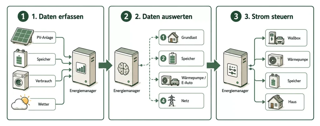 Diagramm mit drei Schritten für ein Energiemanagementsystem: 1. Datenerfassung aus PV-Anlage, Speicher, Verbrauch und Wetterdaten; 2. Datenanalyse durch den Energiemanager; 3. Leistungssteuerung für Wallbox, Wärmepumpe, Speicher und Haus.