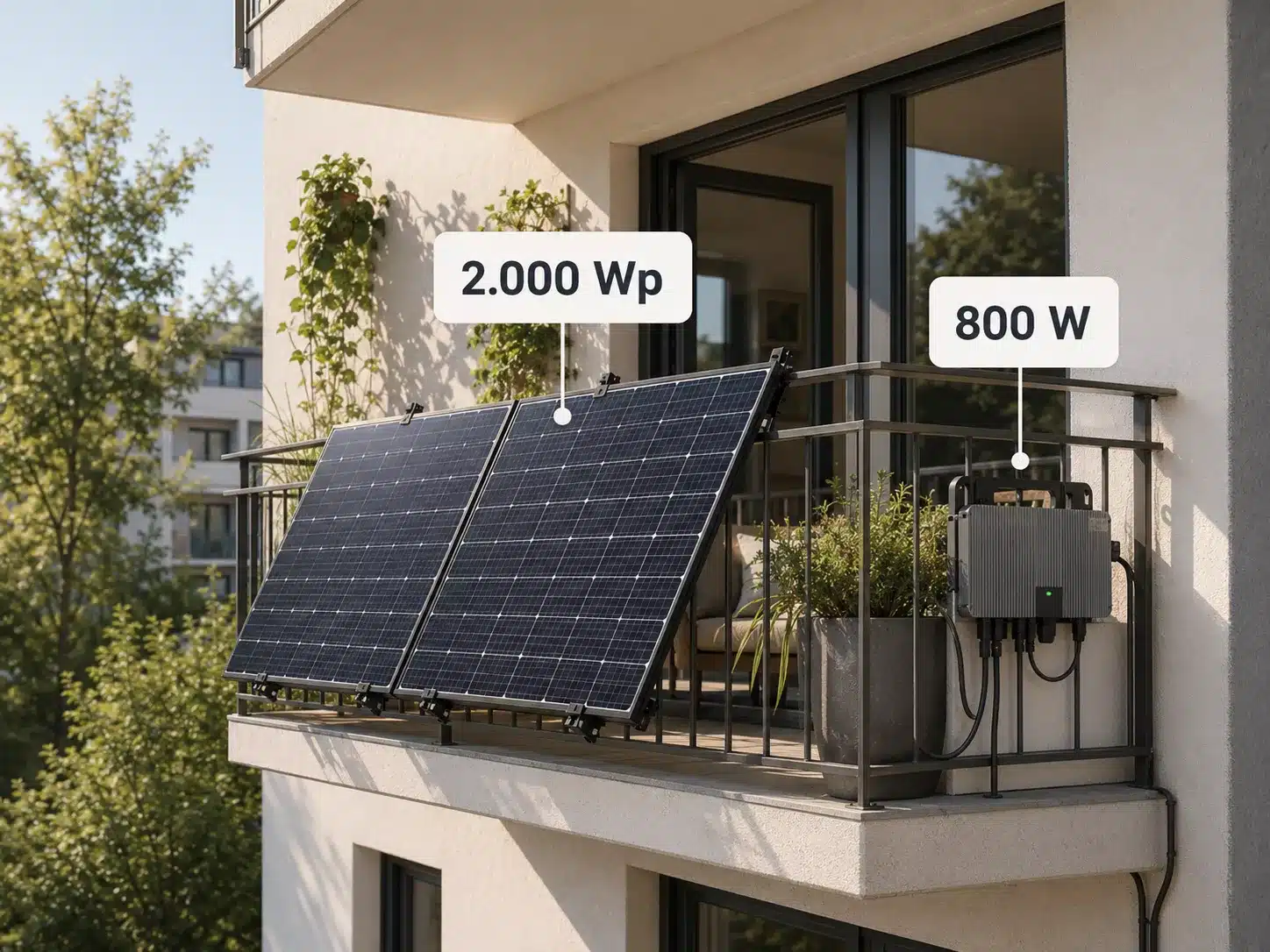 Zwei Solarmodule bilden ein Balkonkraftwerk am Geländer des Wohnungsbalkons; sie sind mit einer maximalen Leistung von 2.000 Watt und 800 W gekennzeichnet. Der Balkon ist mit Pflanzen bepflanzt, und am Geländer ist ein Wechselrichter befestigt.