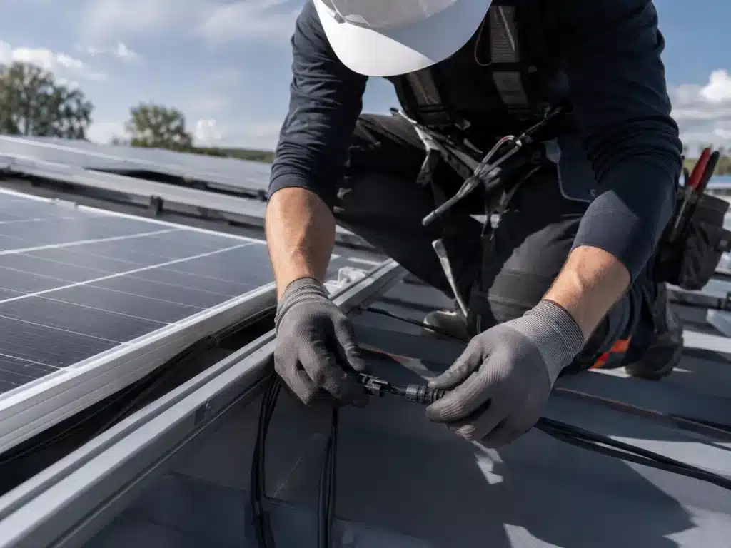 Ein Arbeiter, der Handschuhe und einen Helm trägt, schließt Kabel an ein Solarmodul auf einem Dach an und demonstriert dabei, wie man eine PV-Anlage fachgerecht anschließt – bei teilweise bewölktem Himmel.