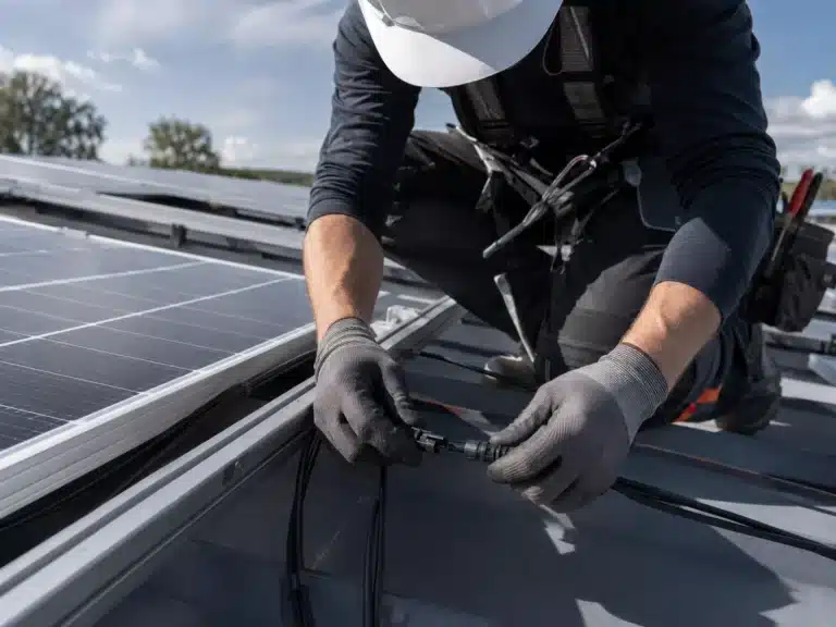 Ein Arbeiter, der Handschuhe und einen Helm trägt, schließt Kabel an ein Solarmodul auf einem Dach an und demonstriert dabei, wie man eine PV-Anlage fachgerecht anschließt – bei teilweise bewölktem Himmel.