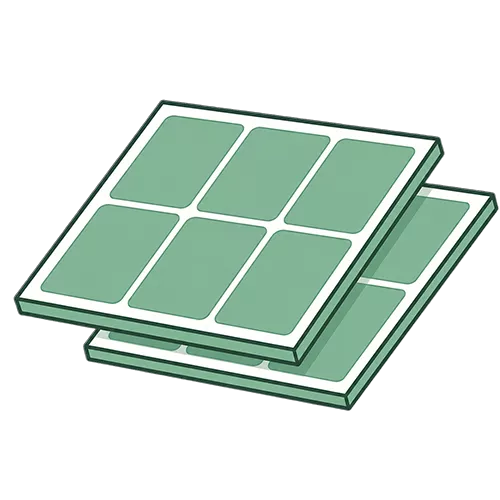 Eine digitale Illustration zweier grüner, waferähnlicher Quadrate, die jeweils in sechs rechteckige Abschnitte unterteilt sind, die einem Verteiler ähneln, wobei sich die beiden Quadrate auf einem weißen Hintergrund leicht überlappen.