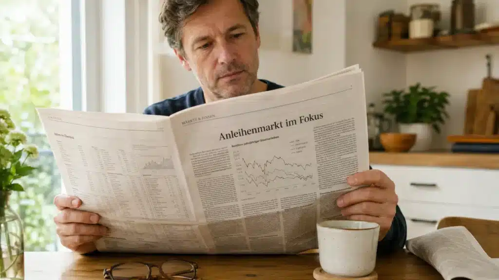 Ein Mann sitzt an einem Tisch und liest eine deutsche Zeitung, auf deren Titelseite Finanzdiagramme und Trends bei Anleihen-ETFs zu sehen sind. Auf dem Tisch stehen eine Tasse und eine Brille, im Hintergrund sind Küchenregale zu erkennen.