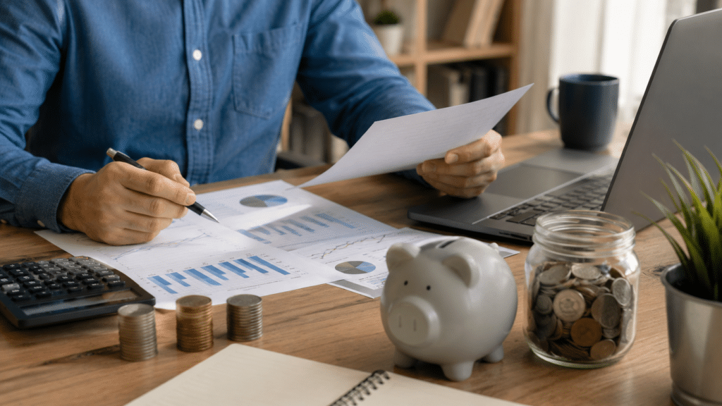Eine Person prüft Finanzunterlagen an einem Schreibtisch, auf dem sich Diagramme, ein Laptop, ein Taschenrechner, ein Stapel Münzen, ein Sparschwein und ein Glas mit Münzen befinden – was auf die Beschäftigung mit persönlichen Finanzen oder die Erstellung eines Haushaltsplans hindeutet, möglicherweise im Zusammenhang mit der Recherche zu Fragen wie: Was ist die Arbeitnehmersparzulage?.