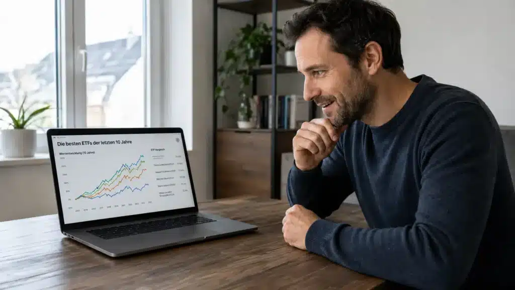 Ein Mann sitzt an einem Holztisch und lächelt, während er auf seinem Laptop „Die besten ETFs der letzten 10 Jahre“ betrachtet – ein Liniendiagramm, das die Wertentwicklungen der besten ETFs im letzten Jahrzehnt vergleicht.