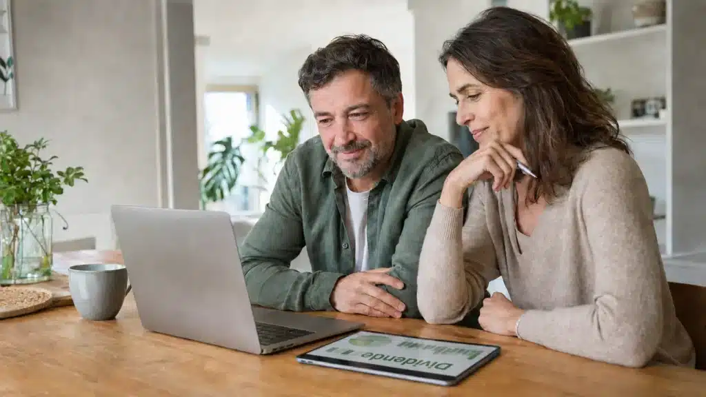 Ein Mann und eine Frau sitzen an einem Holztisch und schauen auf einen Laptop. Auf dem Tisch liegt ein Tablet mit einem Dividenden-Diagramm, was ihr Interesse an Dividenden-ETF-Anlagen verdeutlicht. Der Raum ist hell, im Hintergrund sind Pflanzen und Regale zu sehen.