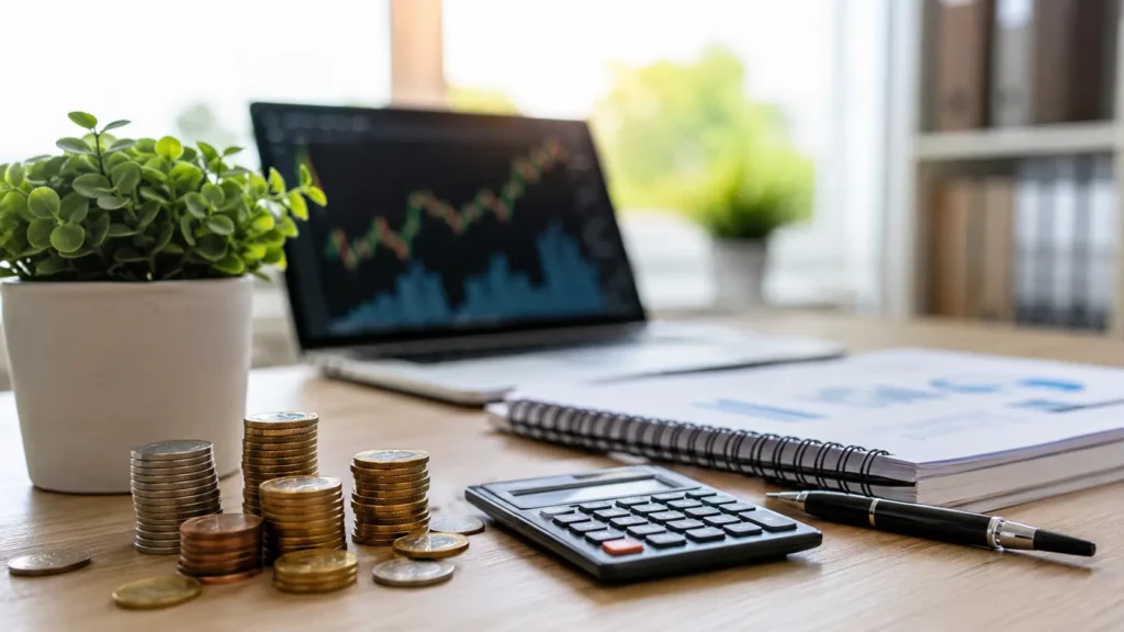 Münzen, ein Taschenrechner, ein Stift, ein Notizbuch und eine Topfpflanze auf einem Schreibtisch, im Hintergrund ein Laptop, auf dessen Bildschirm ein Finanzdiagramm zu sehen ist – ein Symbol für Finanzplanung oder Geschäftsanalyse – ideal, um Möglichkeiten wie die Frage „Wo soll man vermögenswirksame Leistungen anlegen?“ zu erkunden.