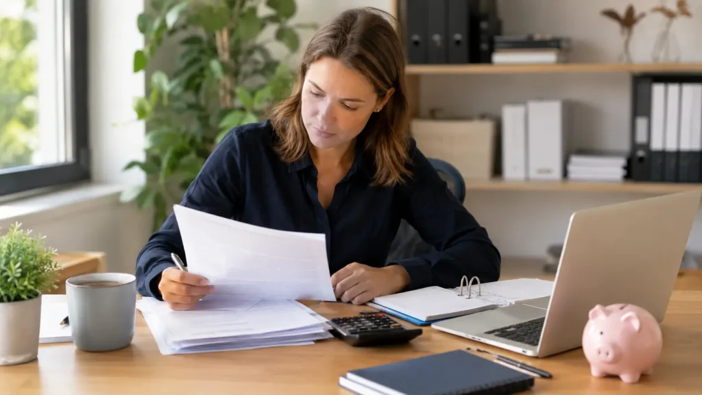 Eine Frau sitzt an einem Schreibtisch und prüft Unterlagen zu vermögenswirksamen Leistungen des Arbeitgebers. Auf ihrem Schreibtisch stehen ein Laptop, ein Taschenrechner, eine Kaffeetasse, Notizbücher und ein rosa Sparschwein; im Hintergrund sind Regale und Pflanzen zu sehen.