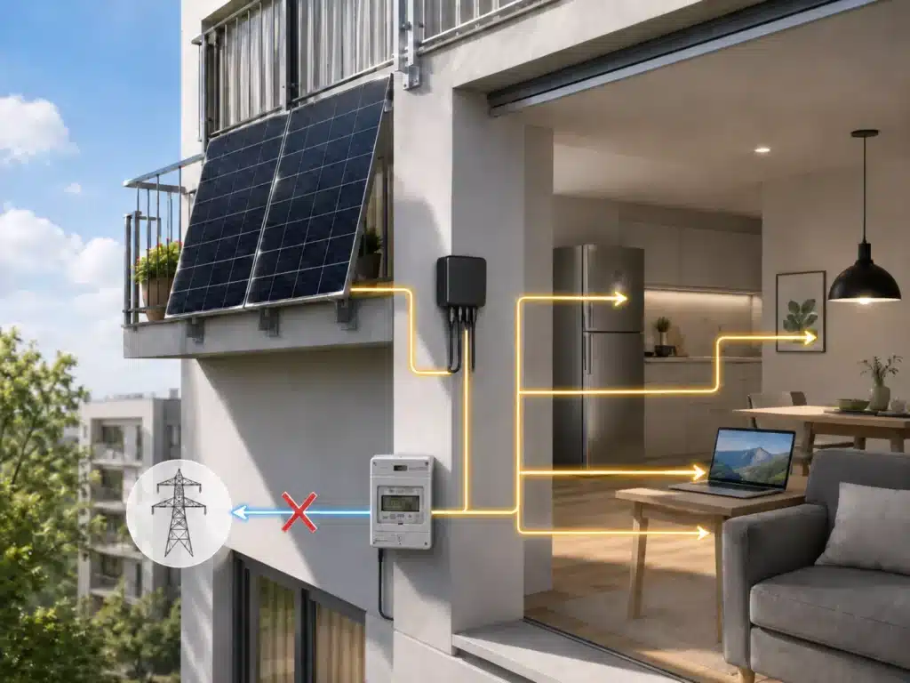 Ein Balkonkraftwerk versorgt eine moderne Wohnung mit Strom; gelbe Linien zeigen den Stromfluss zu einem Laptop, zu Lampen und in die Küche an. Um die Funktionsweise zu veranschaulichen, fließt kein Strom aus dem öffentlichen Netz – dies wird durch ein rotes X über den Stromleitungen angezeigt –, wodurch die Nulleinspeisung betont wird, da die gesamte erzeugte Energie vor Ort verbraucht wird.