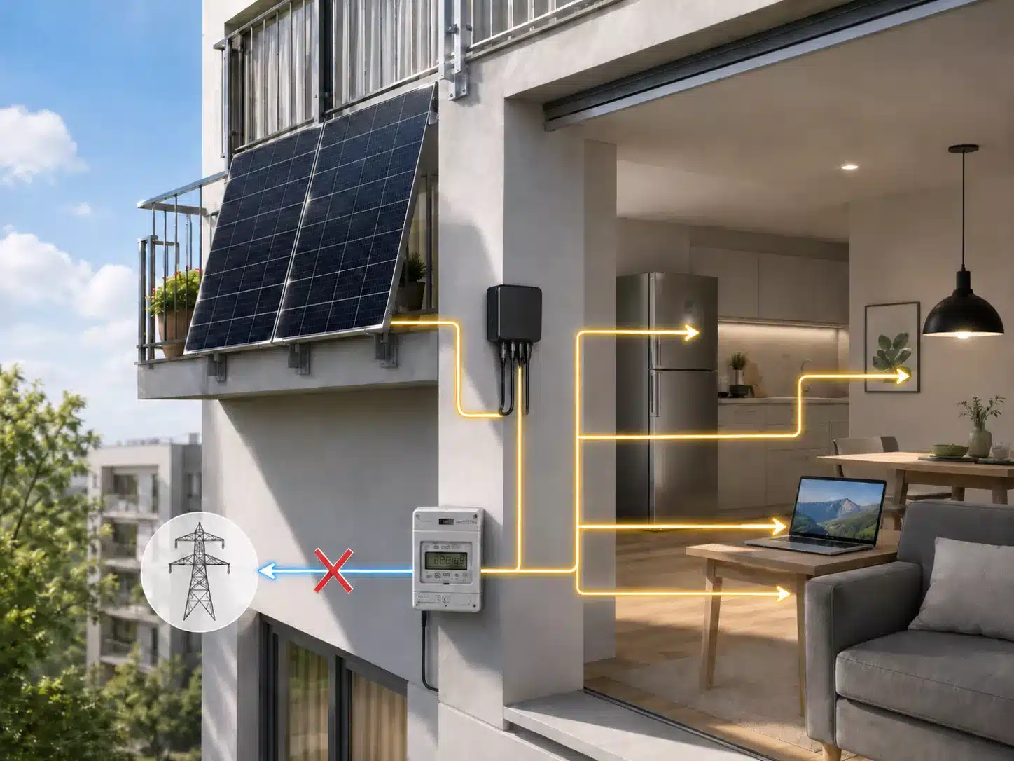 Ein Balkonkraftwerk versorgt eine moderne Wohnung mit Strom; gelbe Linien zeigen den Stromfluss zu einem Laptop, zu Lampen und in die Küche an. Um die Funktionsweise zu veranschaulichen, fließt kein Strom aus dem öffentlichen Netz – dies wird durch ein rotes X über den Stromleitungen angezeigt –, wodurch die Nulleinspeisung betont wird, da die gesamte erzeugte Energie vor Ort verbraucht wird.