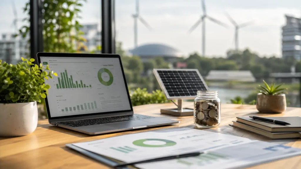 Ein Schreibtisch mit einem Laptop, auf dem Diagramme zu sehen sind, ein kleines Solarpanel, ein Glas mit Münzen, Notizbücher und Pflanzen – ein Hinweis auf kluge Investitionen wie „Bettervest“. Im Hintergrund sind vor dem Fenster Windkraftanlagen und Gebäude zu sehen.